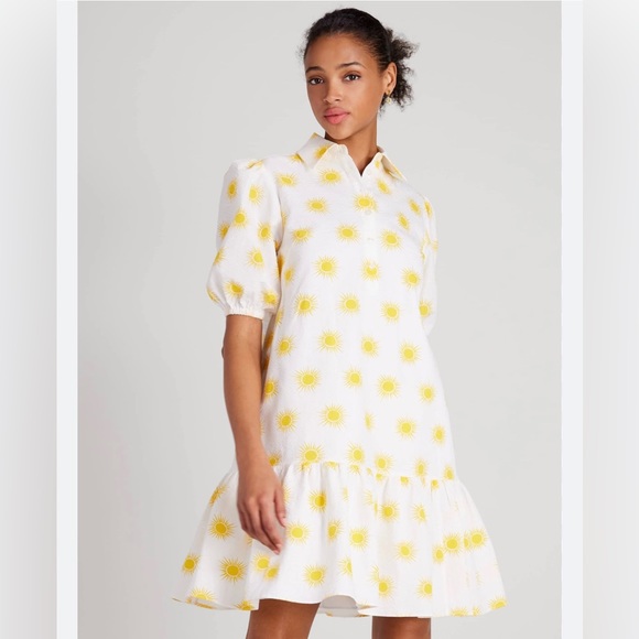Kate Spade Suns Lake Puff Sleeve Cream Dress Sz S Printed Seersucker W/ Pockets - Picture 1 of 6